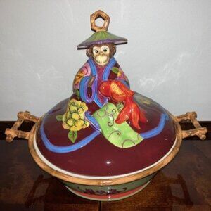 Tracy Porter Katsina Collection Japanese Geisha Monkey and Fish Bamboo Tureen